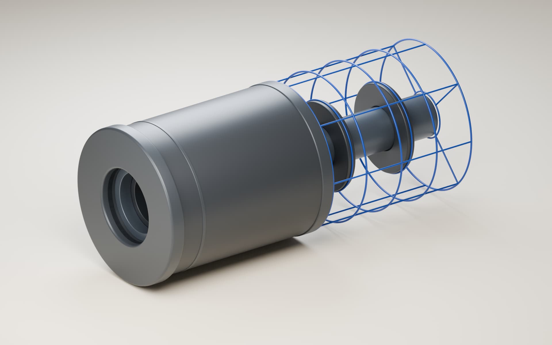 Concept illustration of a graphite cylindrical assembly continuing into a blue wireframe overlay