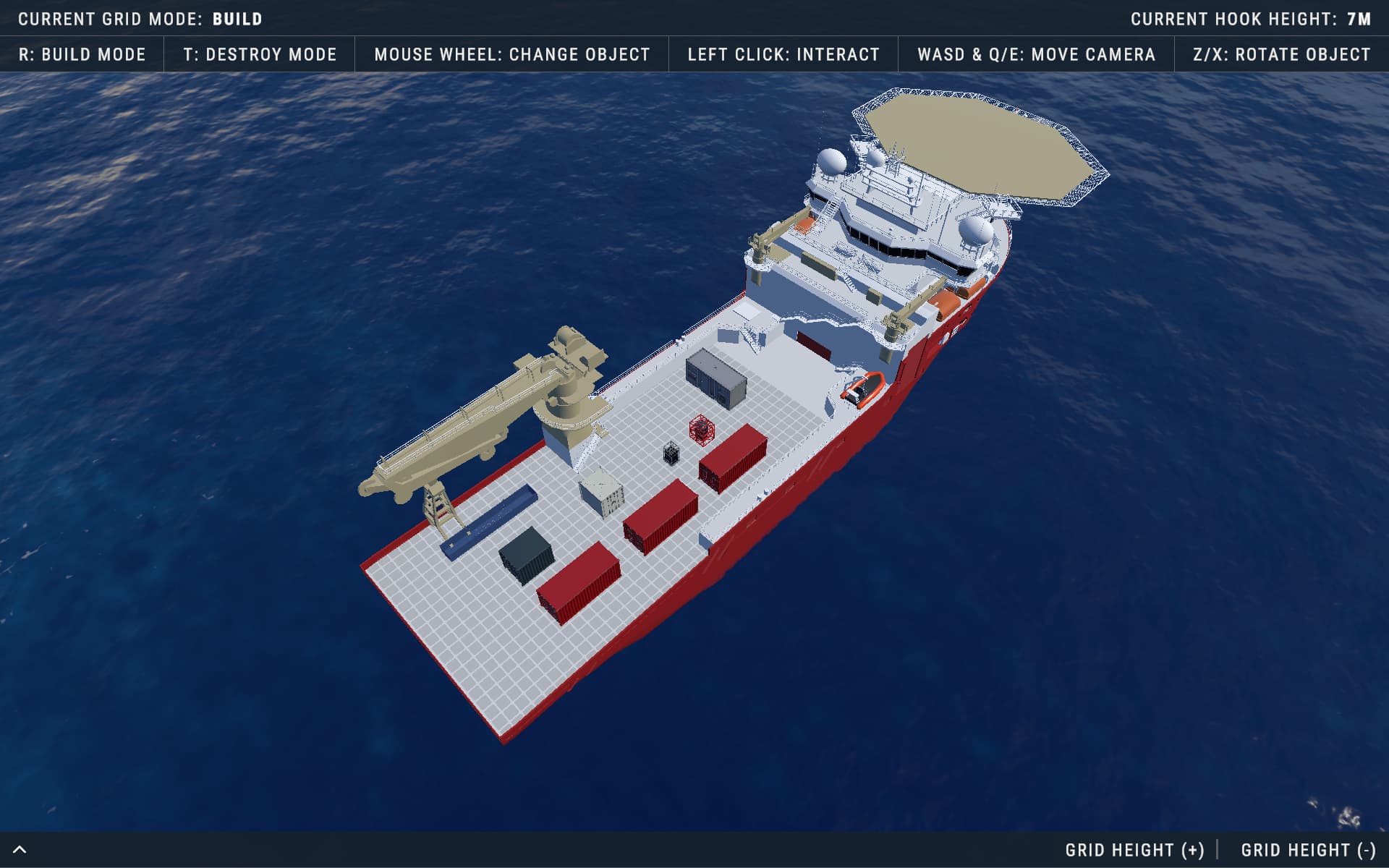 Angled overview of a 3D vessel carrying containers and equipment on a grid beside a crane