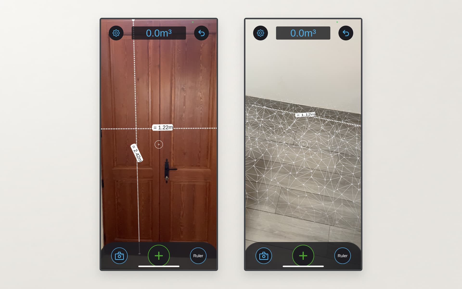 Two Measure AR prototype screens side by side, showing doorway dimensions and a white surface mesh over a tiled floor