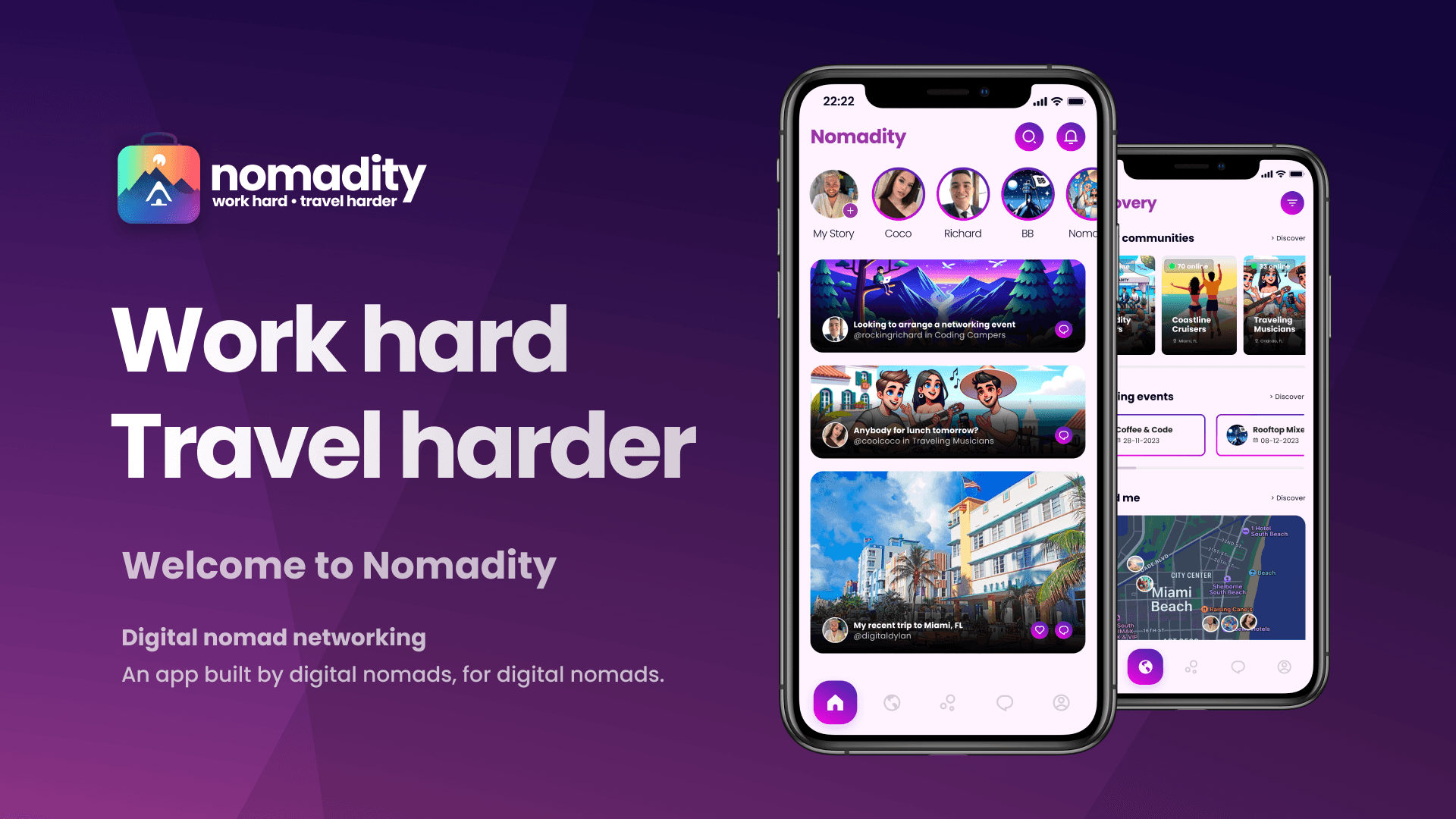Nomadity concept artwork with Work hard. Travel harder branding and two phone mockups