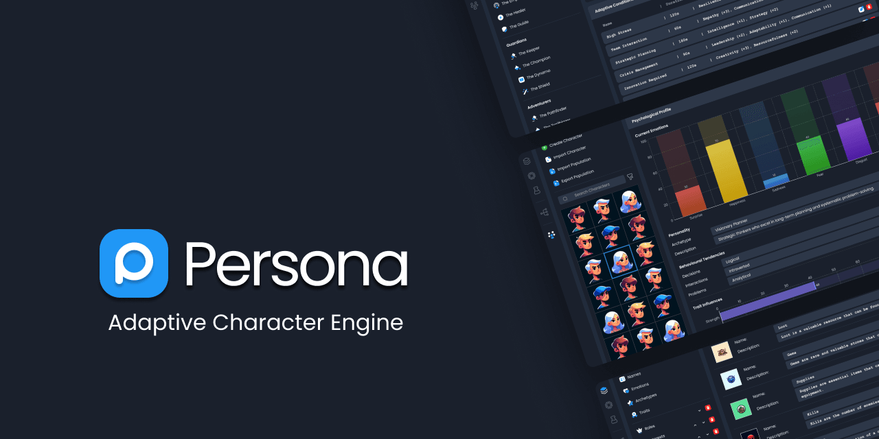 Persona character intelligence system showing generation, memory, and adaptive behaviour workflows