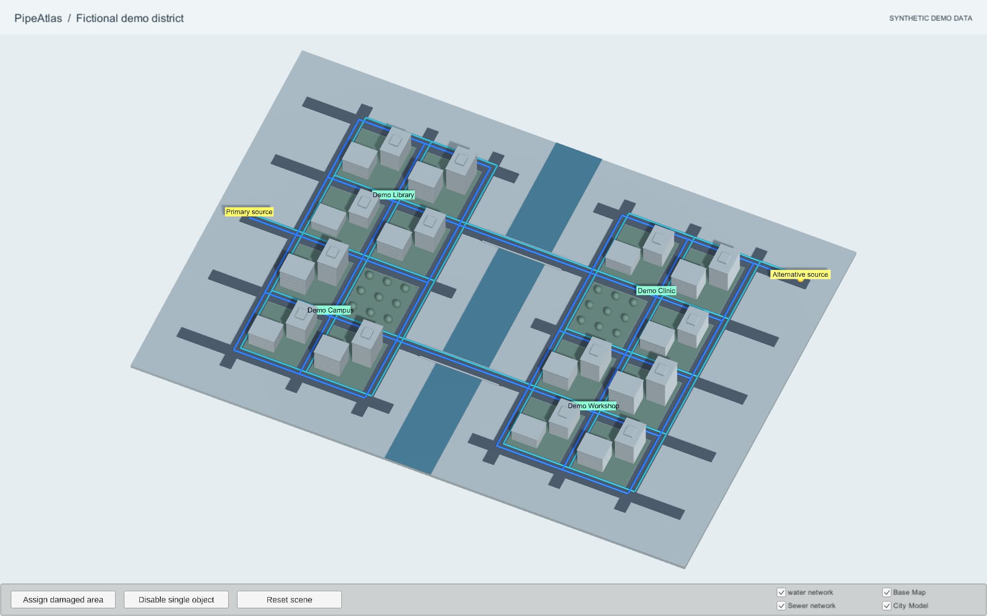 PipeAtlas demo with two pipe networks, invented buildings and a canal, using synthetic data