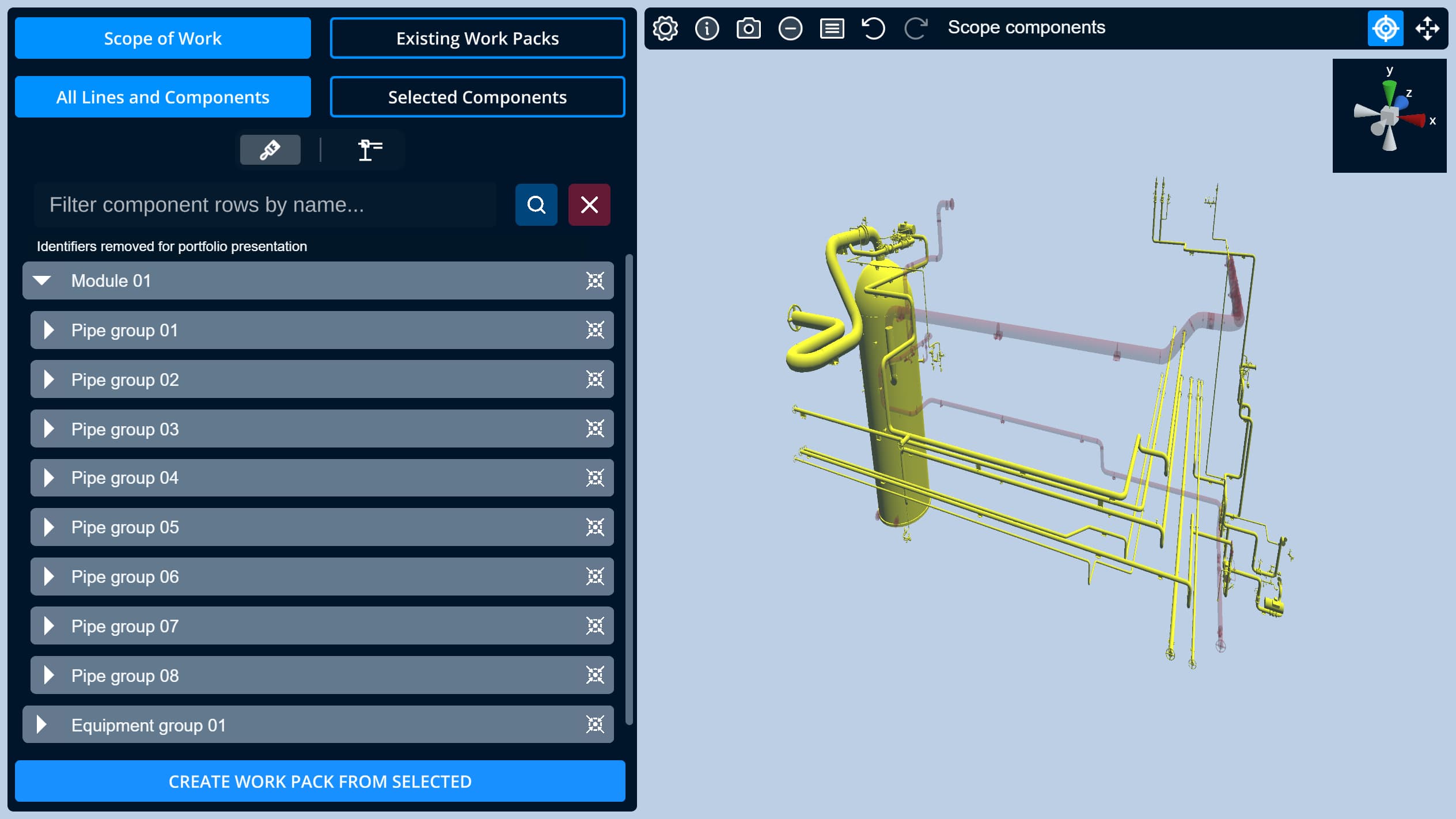3D scope viewer showing a vessel and connected pipework with anonymised identifiers