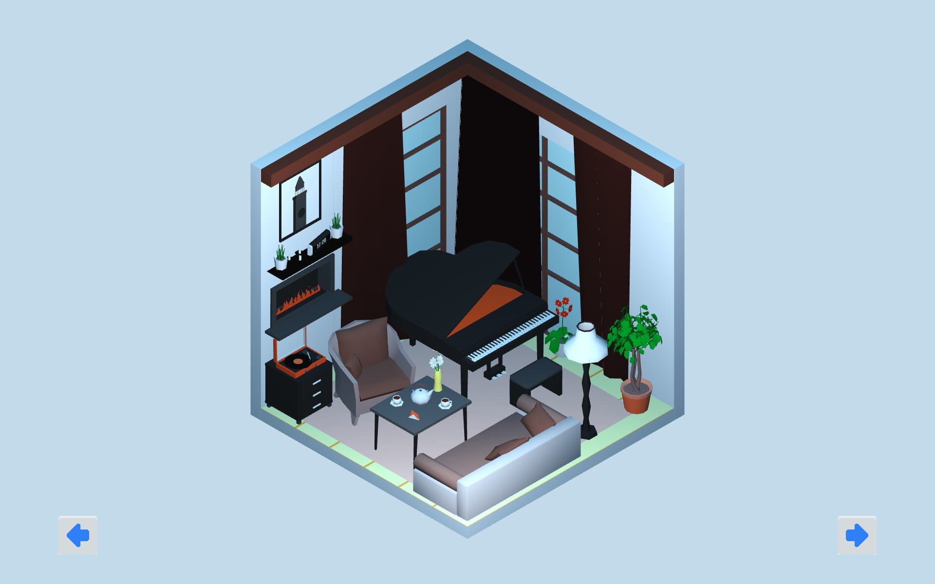 Isometric music room with a grand piano, fireplace, sofa and armchair on a pale blue background