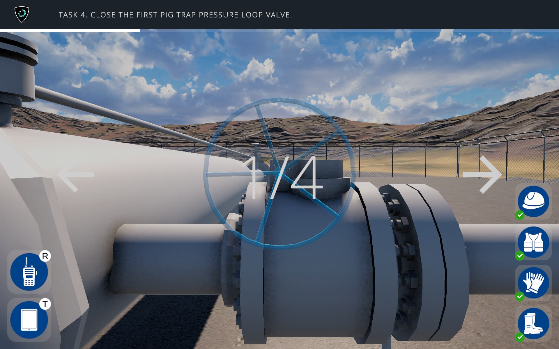 Highlighted pressure-loop valve with a one-quarter-turn input, directional arrows and the current task banner