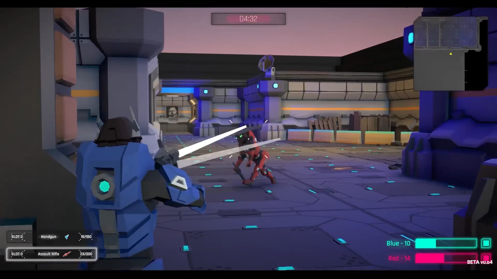 Blue-team player firing at a red opponent in a science-fiction arena, with the match timer, weapons and team scores visible.