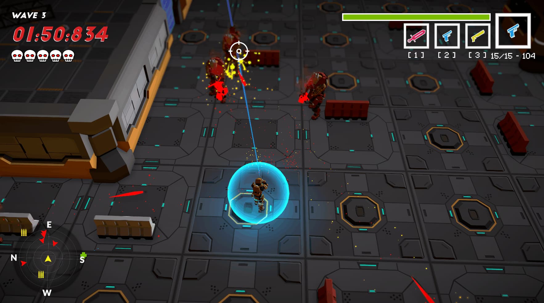 Top-down Survival combat with a cyan shield around the player, enemies ahead, and the wave, health and weapon HUD visible.